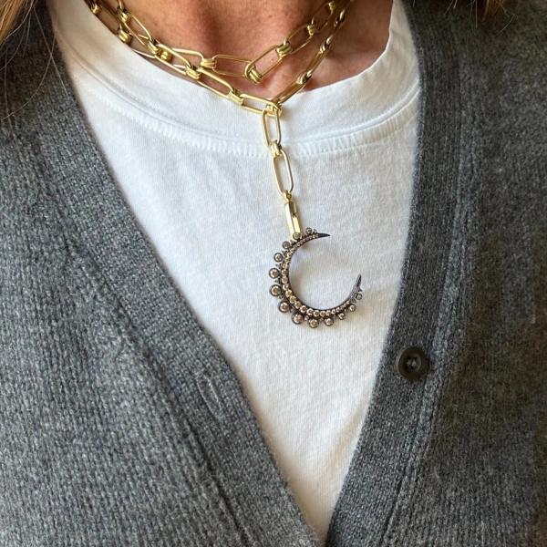 Rosa de la Cruz Large Crescent Pendant in 18K Rhodium Gold, Brown Diamond | Fine Pendants and Charms | Coveti
