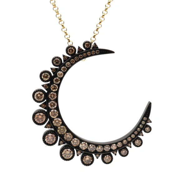 Rosa de la Cruz Large Crescent Pendant in 18K Rhodium Gold, Brown Diamond | Fine Pendants and Charms | Coveti