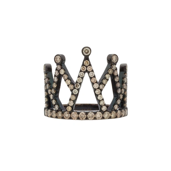 Large Crown Ring in 18K Rhodium Gold, Brown Diamond