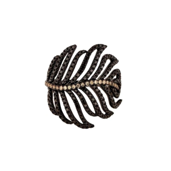Rosa de la Cruz Large Feather Ring in 18K Rhodium Gold, Black Diamond | Fine Rings | Coveti