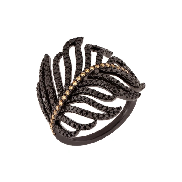 Large Feather Ring in 18K Rhodium Gold, Black and Brown Diamond
