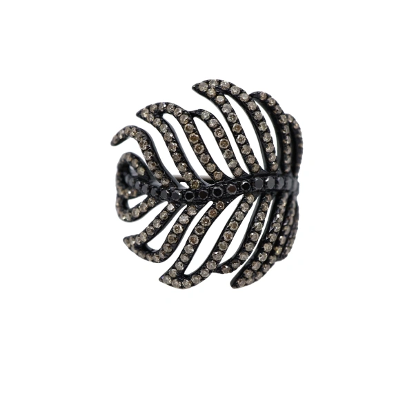 Large Feather Ring in 18K Rhodium Gold, Brown and Black Diamond
