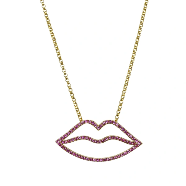 Lips Necklace in 18K Yellow Gold, Light Pink Ruby