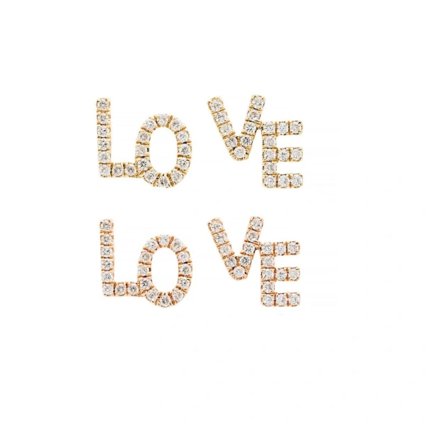 Rosa de la Cruz Love Text Studs in 18K Yellow Gold, White Diamond, Pair | Fine Earrings | Coveti