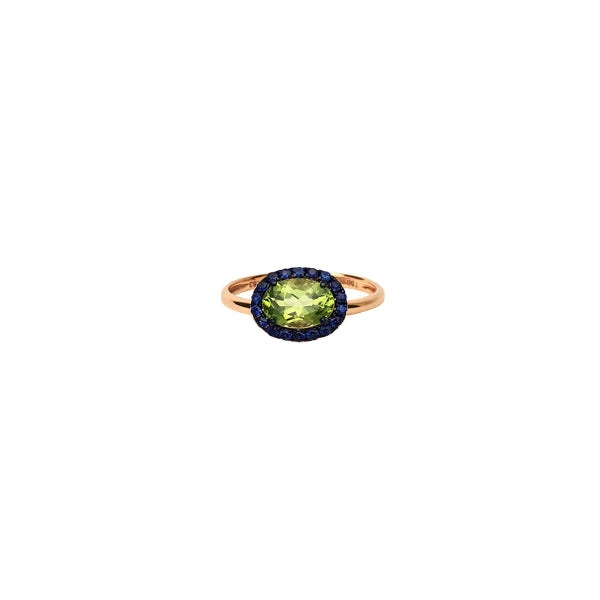 Oval Gem Ring in 18K Yellow Gold, Peridot and Blue Sapphire
