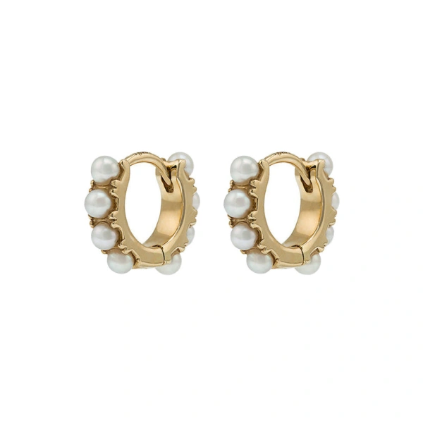 Pearl Mini Hoops in 18K Yellow Gold, Pearl, Pair