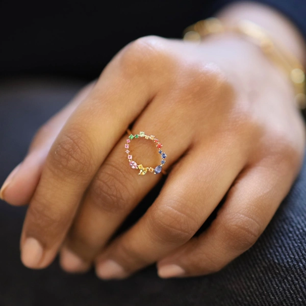 Rosa de la Cruz Rainbow Cascade Eternity Charm Ring in 18K Yellow Gold, Multi Sapphire | Fine Rings | Coveti