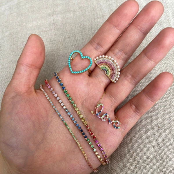Rosa de la Cruz Rainbow Ring with Pearls in 18K Yellow Gold, White Diamond and Multi Sapphire W, Pearl | Fine Rings | Coveti