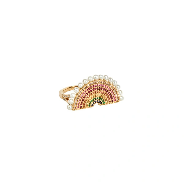 Rosa de la Cruz Rainbow Ring with Pearls in 18K Yellow Gold, White Diamond and Multi Sapphire W, Pearl | Fine Rings | Coveti