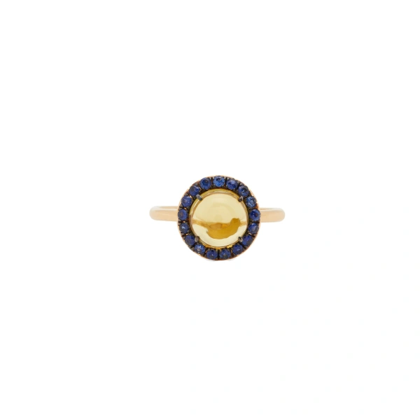 Round Cabochon Gem Ring in 18K Yellow Gold, Lemon Quartz and Blue Sapphire