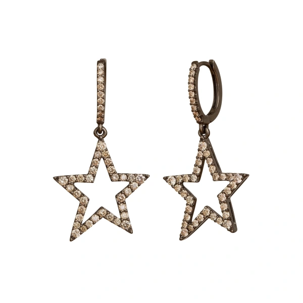 Rosa de la Cruz Star Earrings 20mm in 18K Rhodium Gold, Brown Diamond | Fine Earrings | Coveti