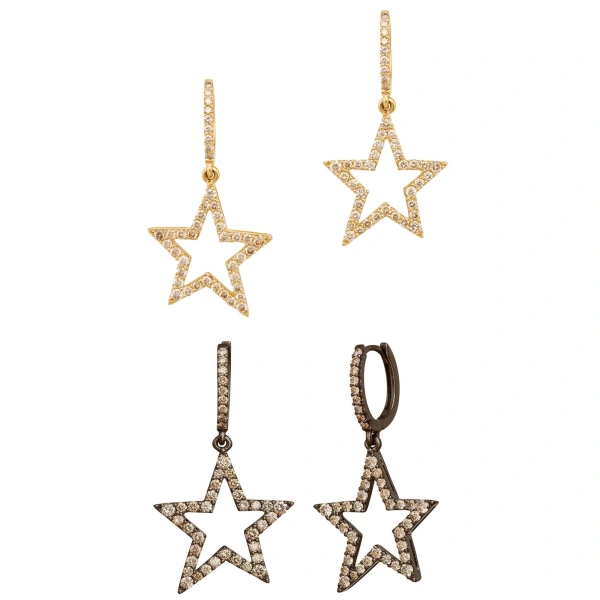 Rosa de la Cruz Star Earrings 20mm in 18K Yellow Gold, Brown Diamond | Fine Earrings | Coveti