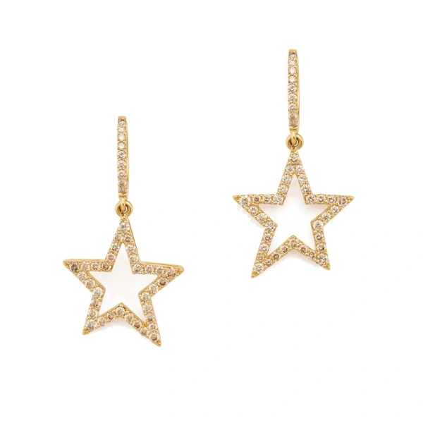 Star Earrings 20mm in 18K Yellow Gold, Brown Diamond