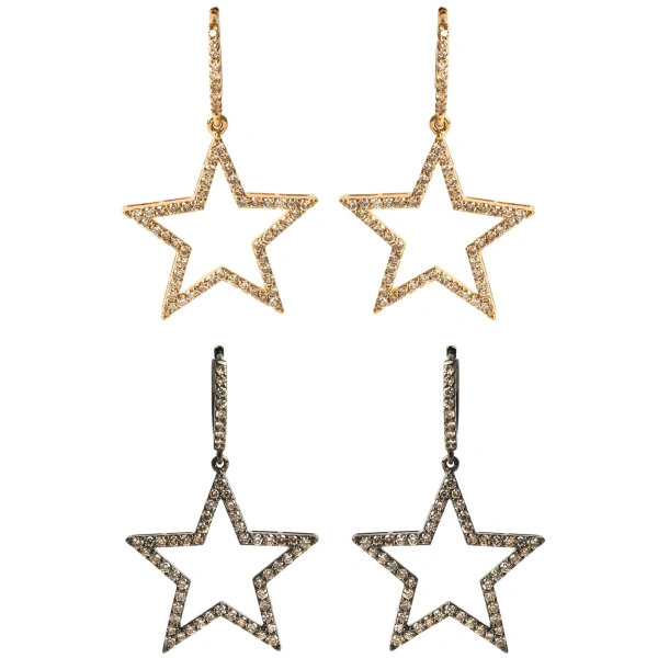 Rosa de la Cruz Star Earrings 25mm in 18K Rhodium Gold, Brown Diamond, Pair | Fine Earrings | Coveti