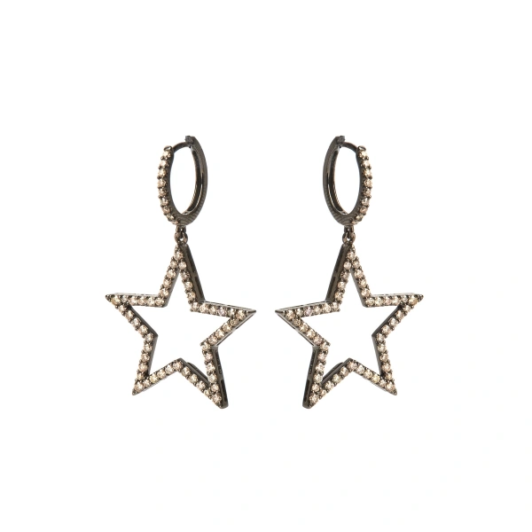 Rosa de la Cruz Star Earrings 25mm in 18K Rhodium Gold, Brown Diamond, Pair | Fine Earrings | Coveti