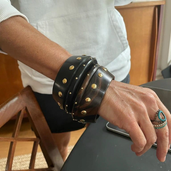 Rosa de la Cruz Tapered Ebony Bangle in Ebony, 18K Yellow Gold, Double Studs | Fine Bracelets | Coveti