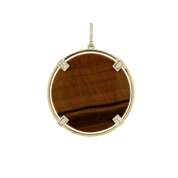 Rosa de la Cruz Tiger Eye Coin Pendant in 18K Yellow Gold, Tiger Eye and White Diamond | Fine Pendants and Charms | Coveti