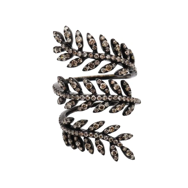 Rosa de la Cruz Triple Ivy Ring in 18K Rhodium Gold and Brown Diamond | Fine Rings | Coveti