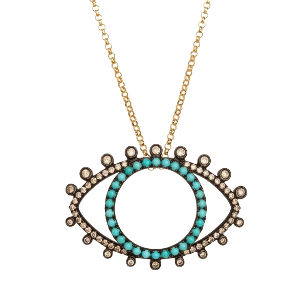 Rosa de la Cruz Turquoise Eye Pendant in 18K Rhodium Gold, Turquoise and Brown Diamond | Fine Pendants and Charms | Coveti