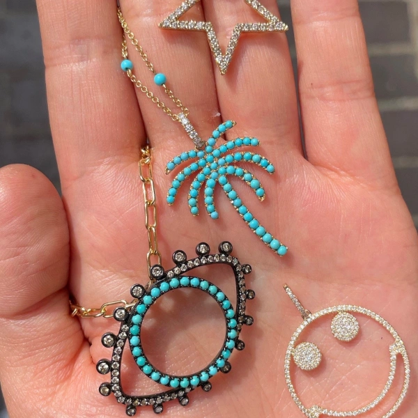 Rosa de la Cruz Turquoise Eye Pendant in 18K Rhodium Gold, Turquoise and Brown Diamond | Fine Pendants and Charms | Coveti