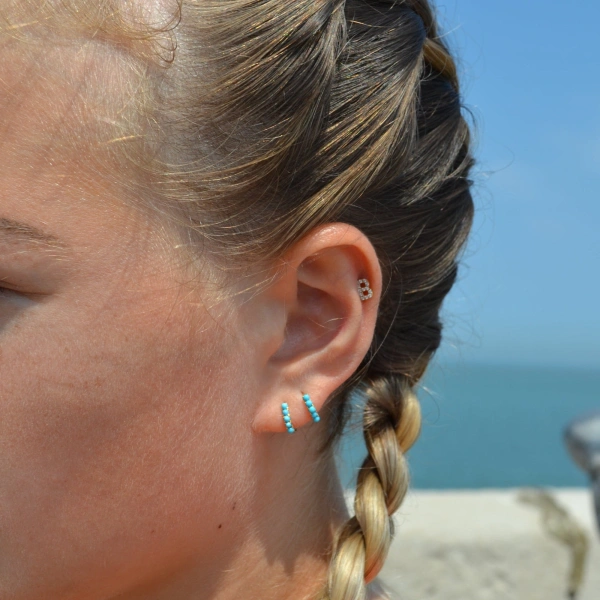 Rosa de la Cruz Turquoise Mini Hoops in 18K Yellow Gold, Turquoise, Pair | Fine Earrings | Coveti