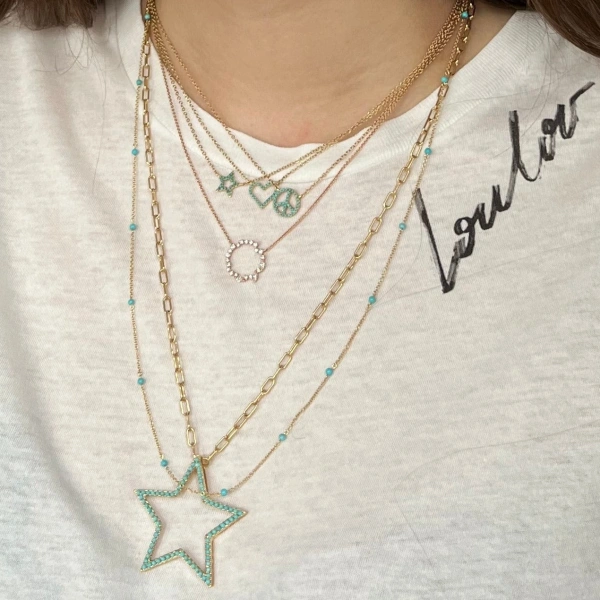 Rosa de la Cruz Turquoise Peace Charm Necklace in 18K Yellow Gold, Turquoise | Fine Necklaces | Coveti