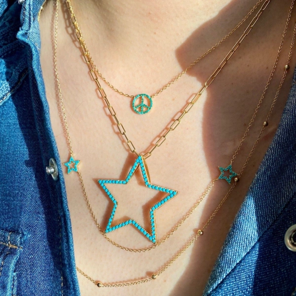 Rosa de la Cruz Turquoise Peace Charm Necklace in 18K Yellow Gold, Turquoise | Fine Necklaces | Coveti