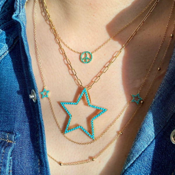 Rosa de la Cruz Turquoise Star Pendant 40mm in 18K Yellow Gold, Turquoise | Fine Pendants and Charms | Coveti