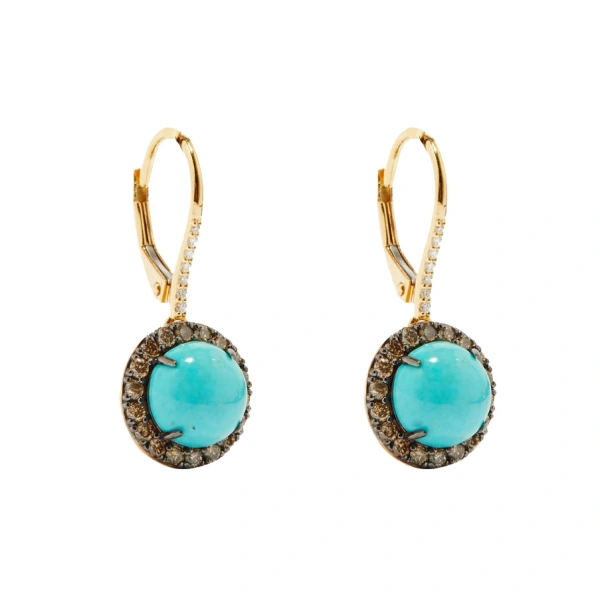 Rosa de la Cruz Turquoise and Diamond Cabochon Earrings in 18K Yellow Gold, Turquoise and Brown Diamond, Pair | Fine Earrings | Coveti