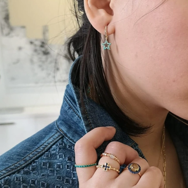 Rosa de la Cruz Turquoise and Diamond Star Charm Earrings in 18K Yellow Gold, Turquoise, Pair | Fine Earrings | Coveti