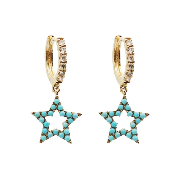 Turquoise and Diamond Star Charm Earrings in 18K Yellow Gold, Turquoise, Pair