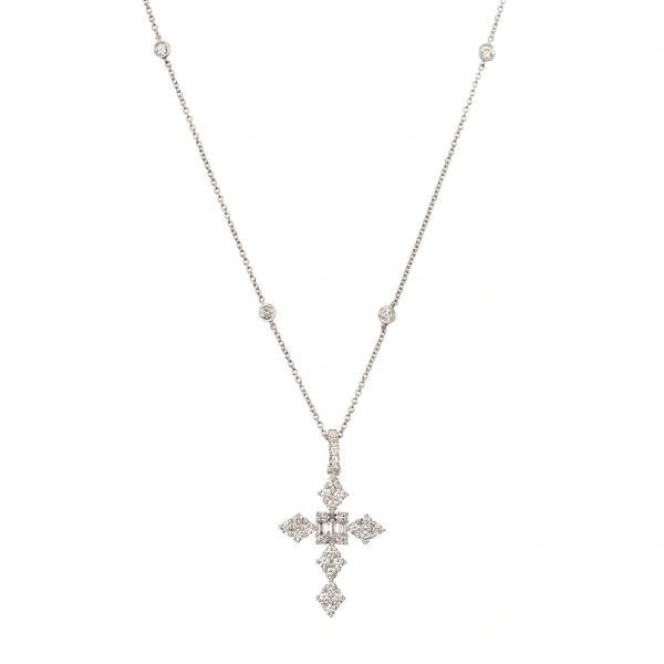 Rosa de la Cruz Unique Cross Pendant in 18K White Gold and White Diamond, Style J | Fine Necklaces | Coveti
