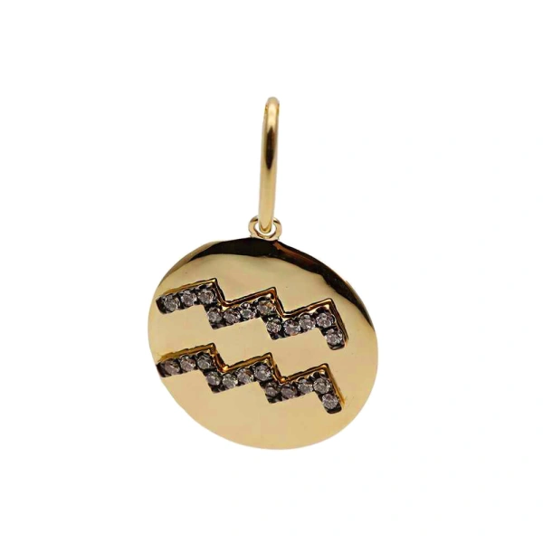 Zodiac Medallion in 18K Yellow Gold and Brown Diamond, Aquarius