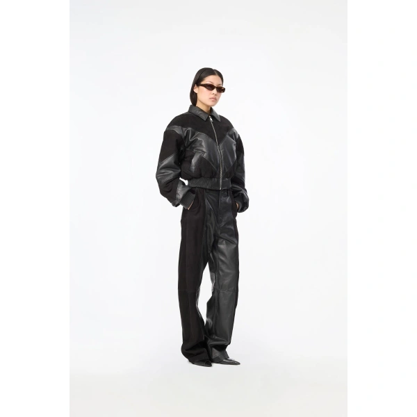ROTATE Birger Christensen Cropped Leather Bomber Black | Leather Jackets | Coveti