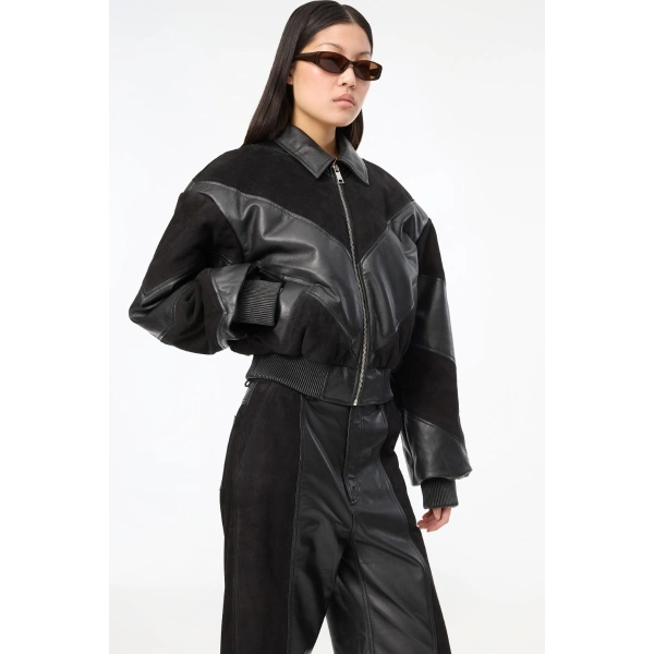 ROTATE Birger Christensen Cropped Leather Bomber Black | Leather Jackets | Coveti