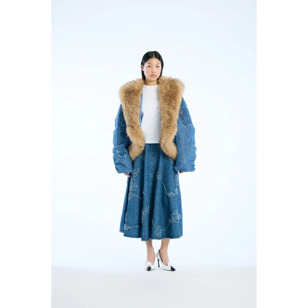 ROTATE Birger Christensen Faux Fur Collar Bomber Denim | Jackets | Coveti
