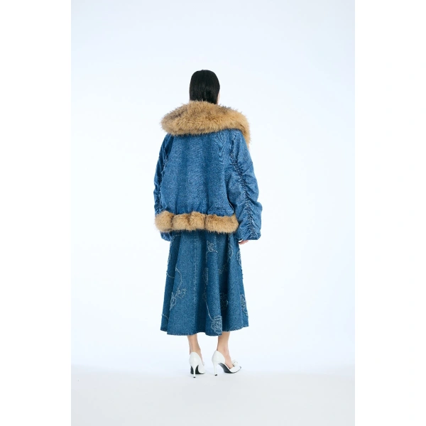 ROTATE Birger Christensen Faux Fur Collar Bomber Denim | Jackets | Coveti