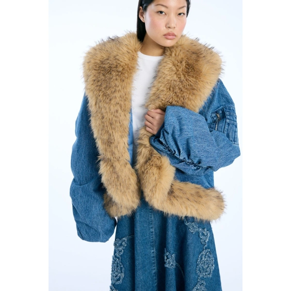 ROTATE Birger Christensen Faux Fur Collar Bomber Denim | Jackets | Coveti