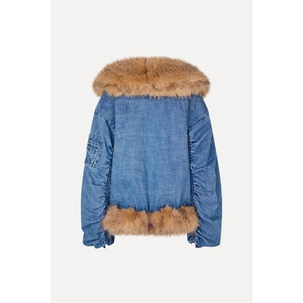 ROTATE Birger Christensen Faux Fur Collar Bomber Denim | Jackets | Coveti