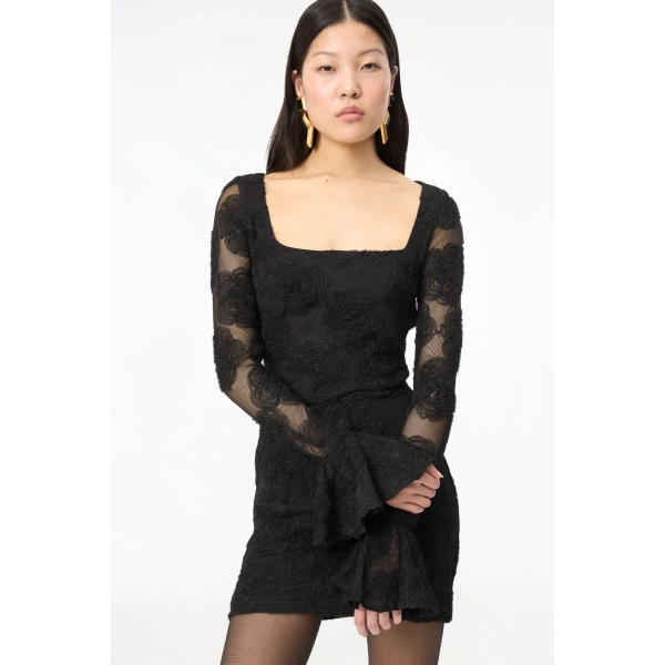 ROTATE Birger Christensen Flower Mesh LS Mini Dress Black | Mini Dresses | Coveti