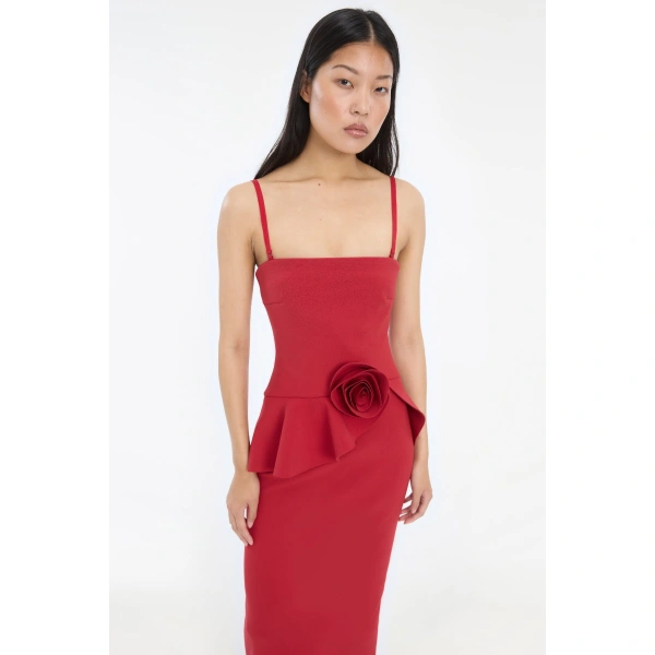 ROTATE Birger Christensen Long Flower Strapless Maxi Dress Red | Maxi Dresses | Coveti