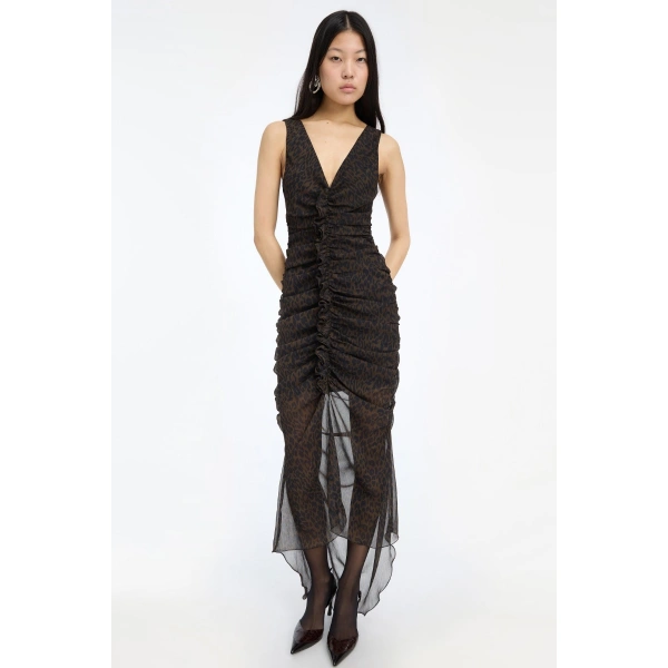 ROTATE Birger Christensen Ruched Midi Leopard Dress Brown | Midi Dresses | Coveti
