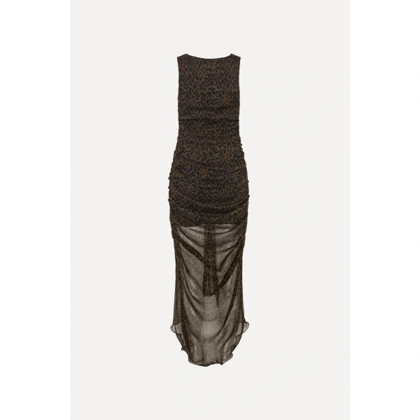 ROTATE Birger Christensen Ruched Midi Leopard Dress Brown | Midi Dresses | Coveti