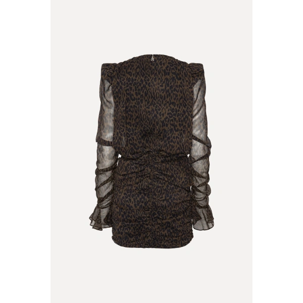 ROTATE Birger Christensen Ruched Mini Dress Leopard Dark Brown | Mini Dresses | Coveti