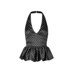 ROTATE Birger Christensen Satin Halterneck Top Black Polka | Tops | Coveti