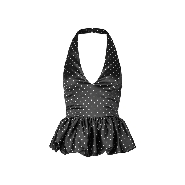 Satin Halterneck Top Black Polka