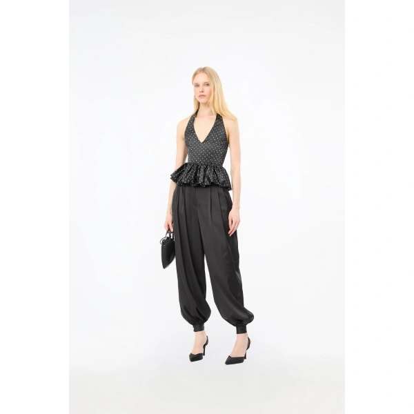ROTATE Birger Christensen Satin Halterneck Top Black Polka | Tops | Coveti