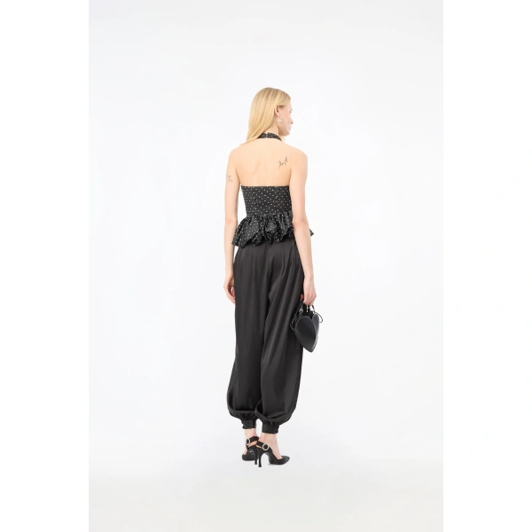 ROTATE Birger Christensen Satin Halterneck Top Black Polka | Tops | Coveti