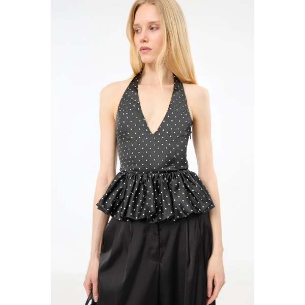 ROTATE Birger Christensen Satin Halterneck Top Black Polka | Tops | Coveti