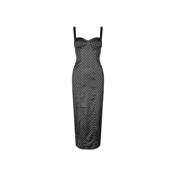 Satin Midi Bustier Dress Black Polka